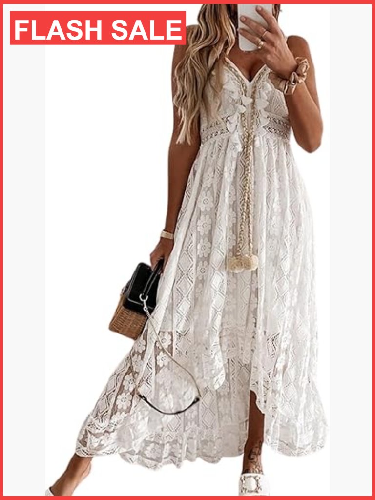 Maxi Summer Dress Lace V Neck Sleeveless Boho Tassel Beach Vacation
